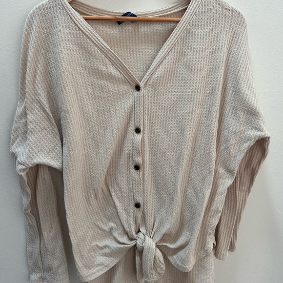 Tops - Cream Button-Down Waffle Knit Top